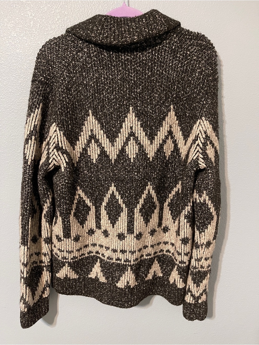 Banana Republic Gray Fair Isle Cardigan Chunky Knit Shawl Collar Pockets Large - Picture 2 of 6